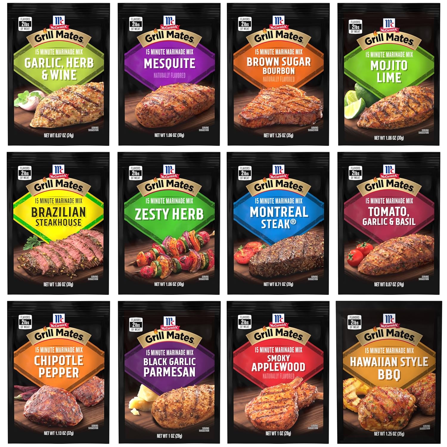 McCormick Grill Mates Marinade Mix Variety Pack, Includes 12 Marinade Mixes, Sweet, Smoky, Spicy, and Savory Flavors, For Chicken, Beef, Pork, Shrimp, Veggies, and More, 12.32 oz