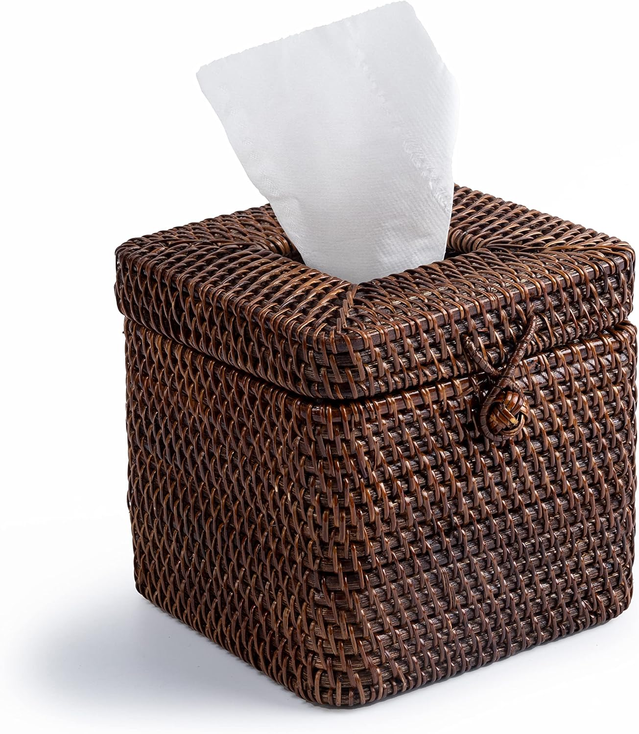 Rattan Square Tissue Box Cover- 5.7" x 5.7" x 5"-Decorative Woven Facial Tissue Holder with Hinged Top Lid- Facial Box for Home, Office,Bathrooms, Decoration (Coffee)