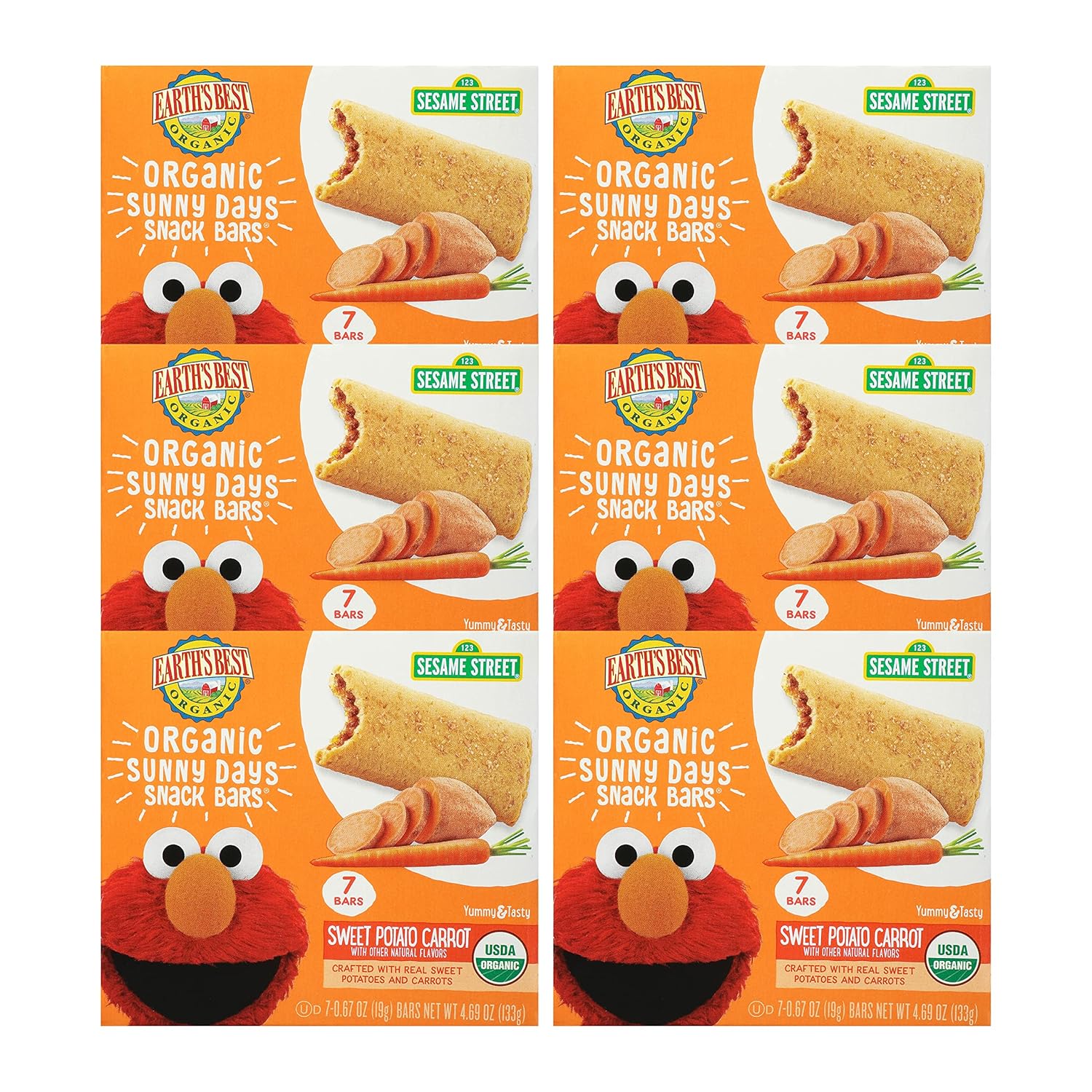 Earth's Best Organic Kids Snacks, Sesame Street Toddler Snacks, Organic Sunny Days Snack Bars for Toddlers 2 Years and Older, Sweet Potato and Carrot with Other Natural Flavors, 7 Bars per Box (Pack of 6)