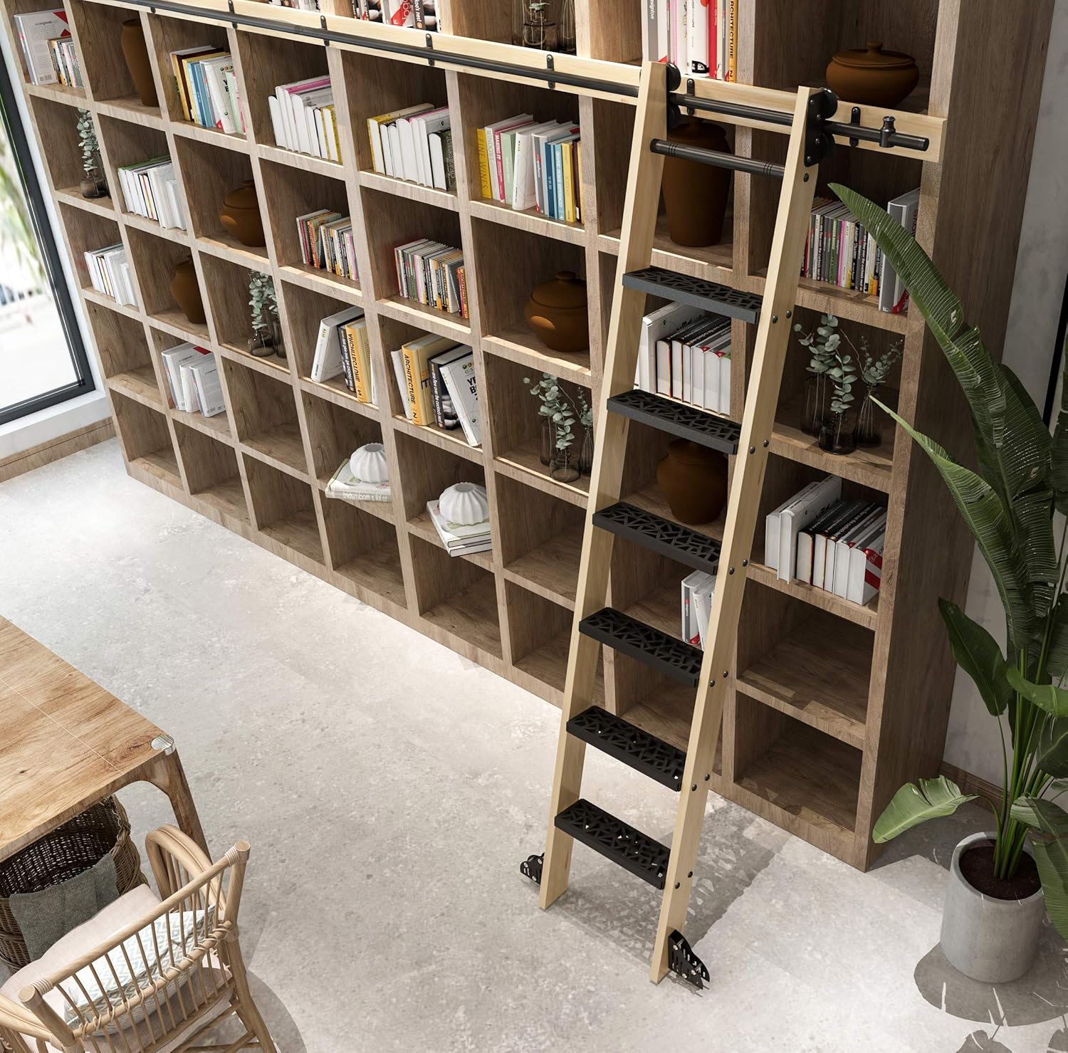 DIYHD 87" Unfinished Pine Wood Sliding Library Ladder with Metal Step Rolling Ladder