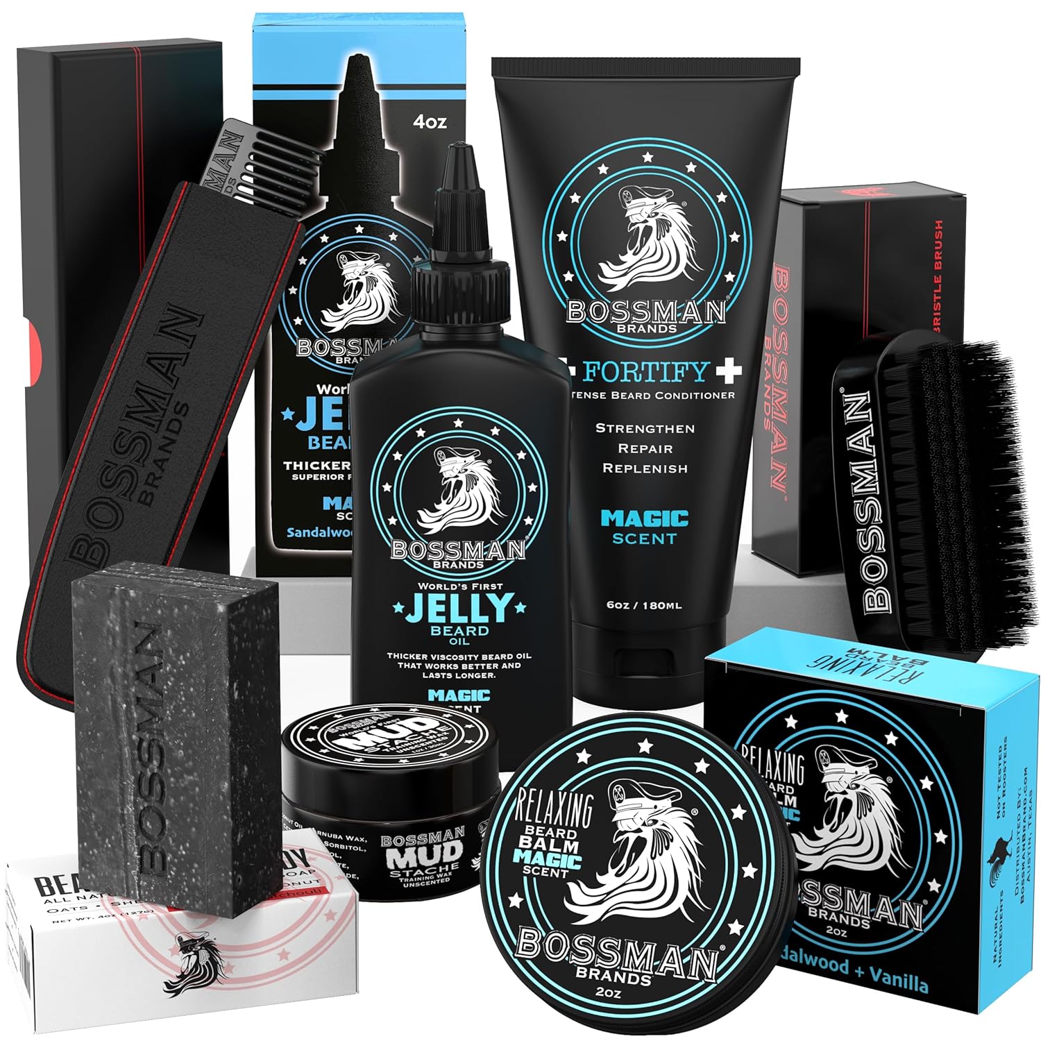 Bossman Big Boss Beard Care Kit for Men - 7 Piece Beard Grooming Kit with Jelly Beard Oil, Beard Conditioner, Beard Balm, MUDstache Wax, Bar Soap, Metal Comb, Brush - Mustache Kit (Magic)