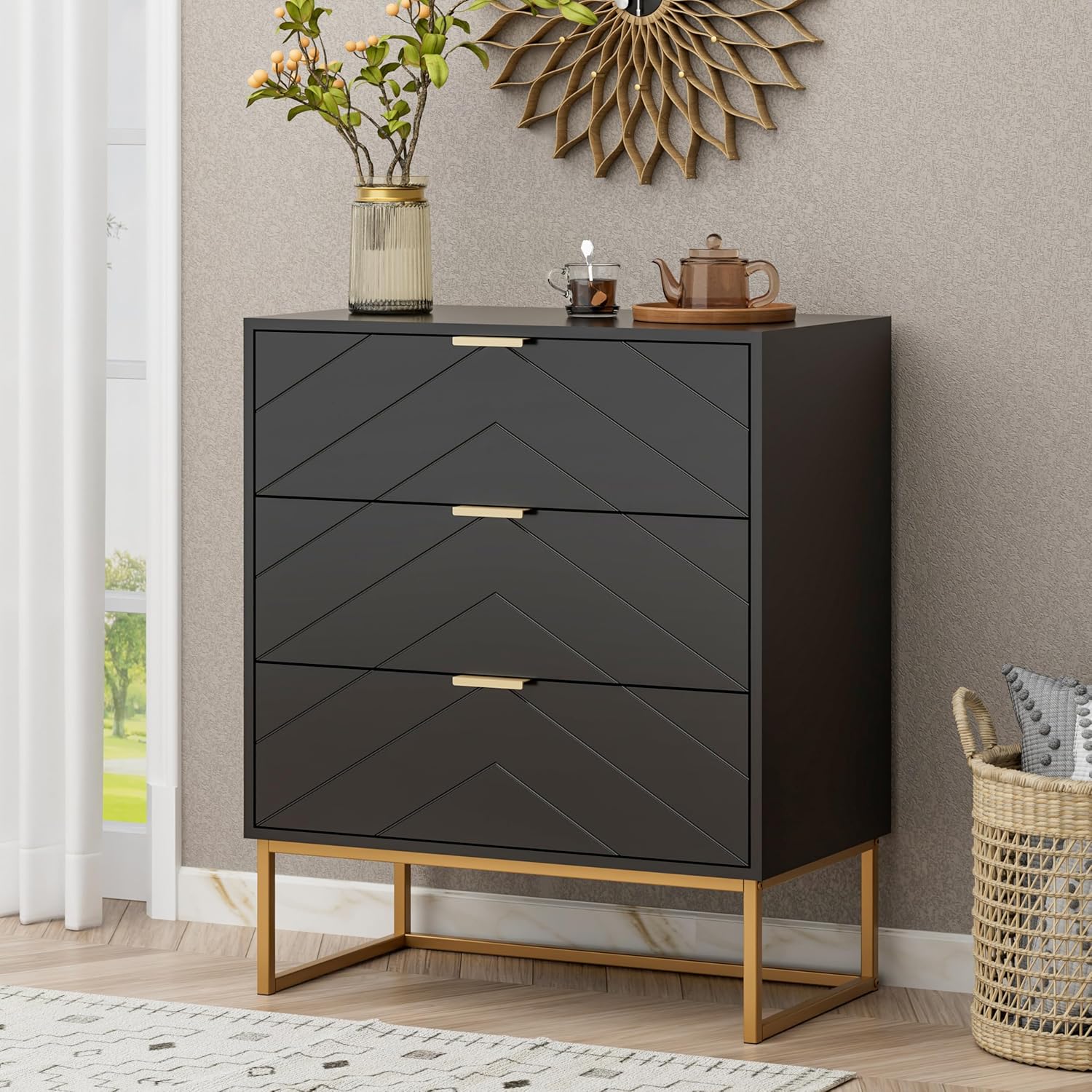 Scurrty Black Dressers, 3 Drawer Dressers with Storage, Small Chest of Drawers, Storage Cabinet with Golden Legs for Bedroom,Dressers for Living Room, Bedroom
