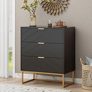 Scurrty Black Dressers, 3 Drawer Dressers with Storage, Small Chest of Drawers, Storage Cabinet with Golden Legs for Bedroom,Dressers for Living Room, Bedroom