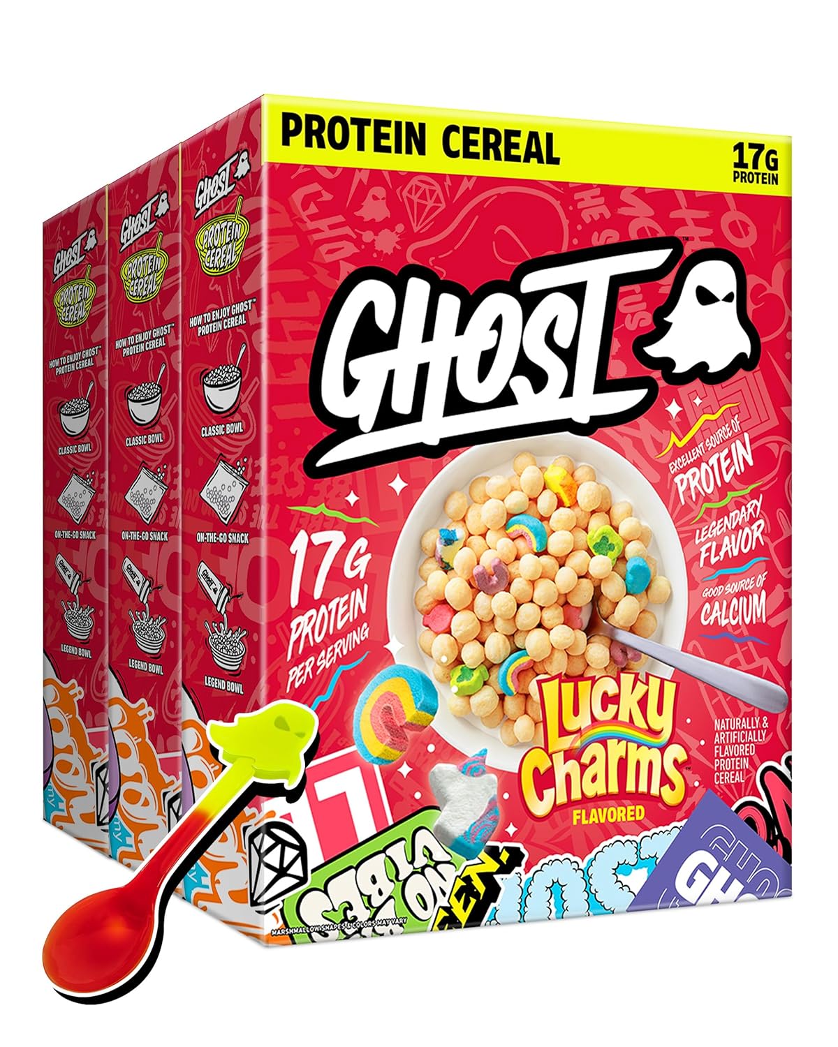 GHOST Protein Cereal, Lucky Charms Marshmallows (3-Pack) - 17G Protein, Good Source of Calcium - High-Protein Breakfast Cereal, Post-Workout Gym Snack - Keto-Friendly - 9.4oz Box with Spoon Included