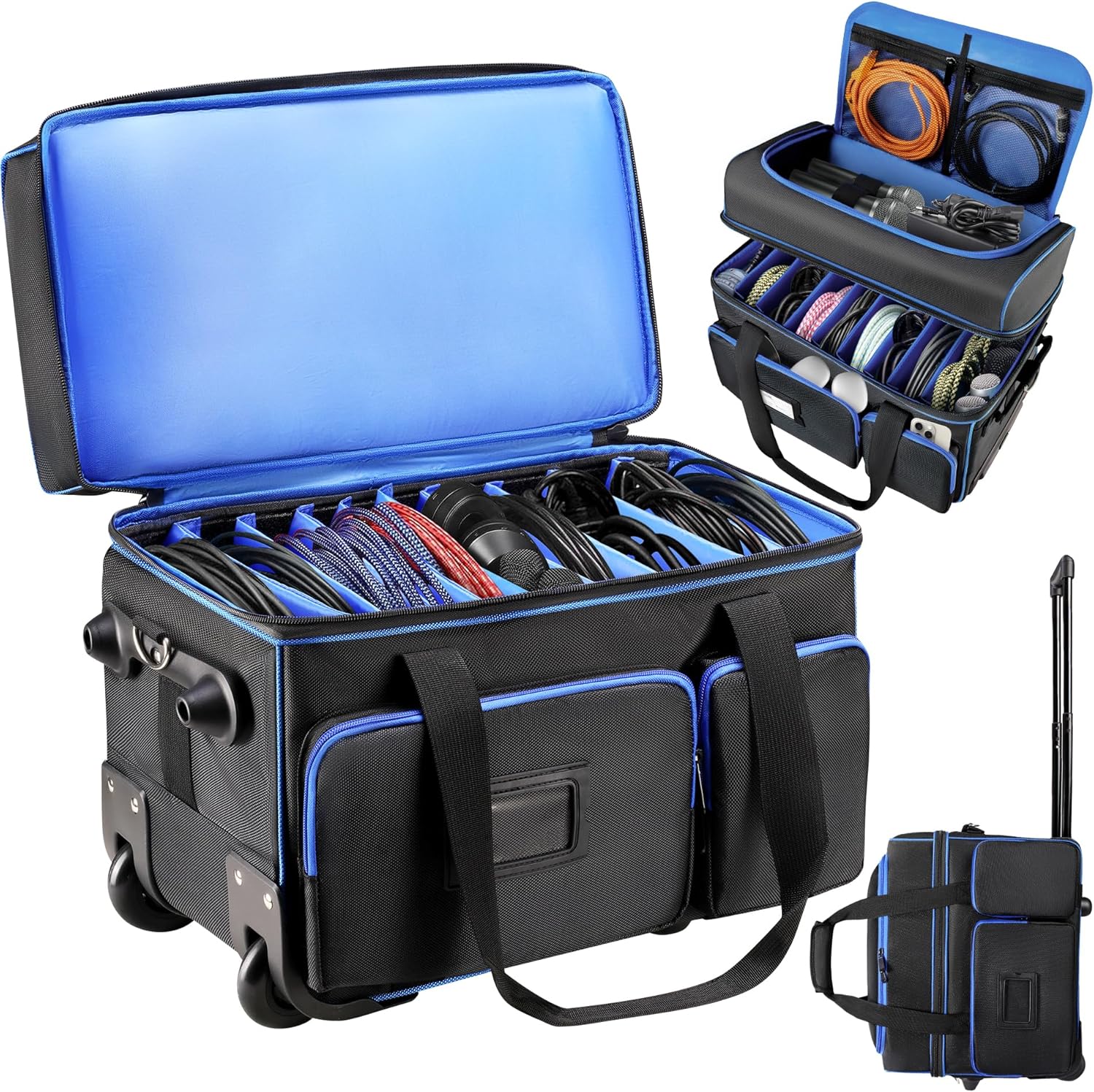 Rolling DJ Cable File Bag with Wheels, Large DJ Gear Organzier Travel Gig-bag Thick Padded with 9 Detachable Dividers, Multiple Pockets for Musical Instrument and Accessories