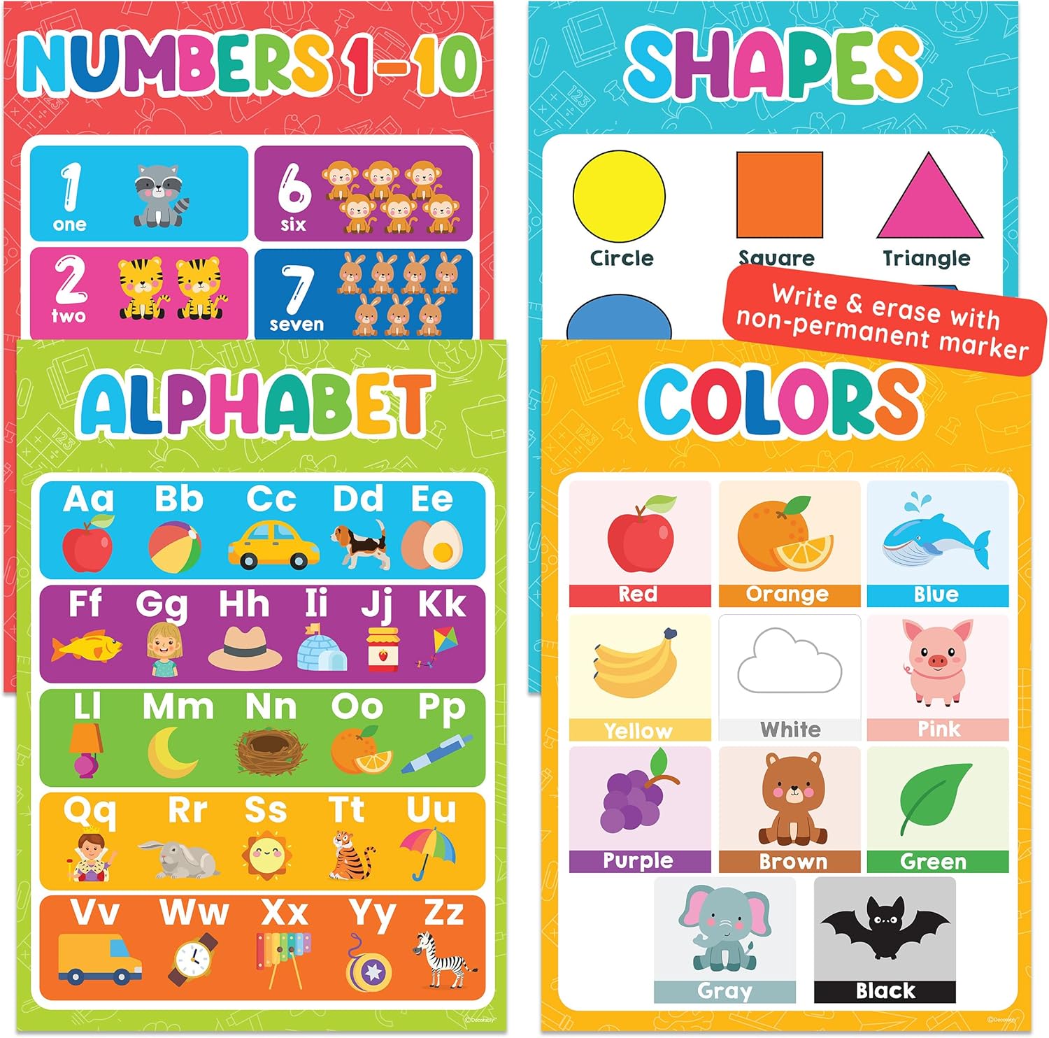 Decorably 4 Vibrant Extra Large Learning Posters Toddlers, 17x24in PET-Laminated Easy-to-Write-On and Erase Educational Posters for Toddlers 1-3 with Alphabet, Numbers, Shapes, Colors