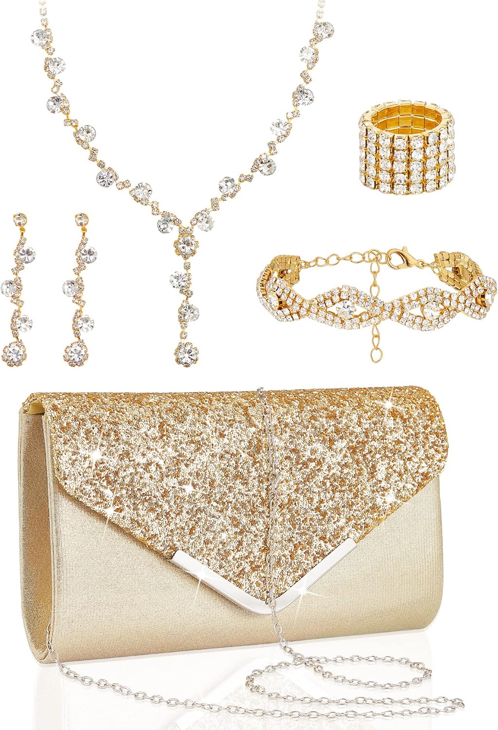 Henoyso 5 Pcs Purse Rhinestone Jewelry Set Prom Jewelry Rhinestone Clutch Purse Necklace Earrings Bracelets for Women Bride