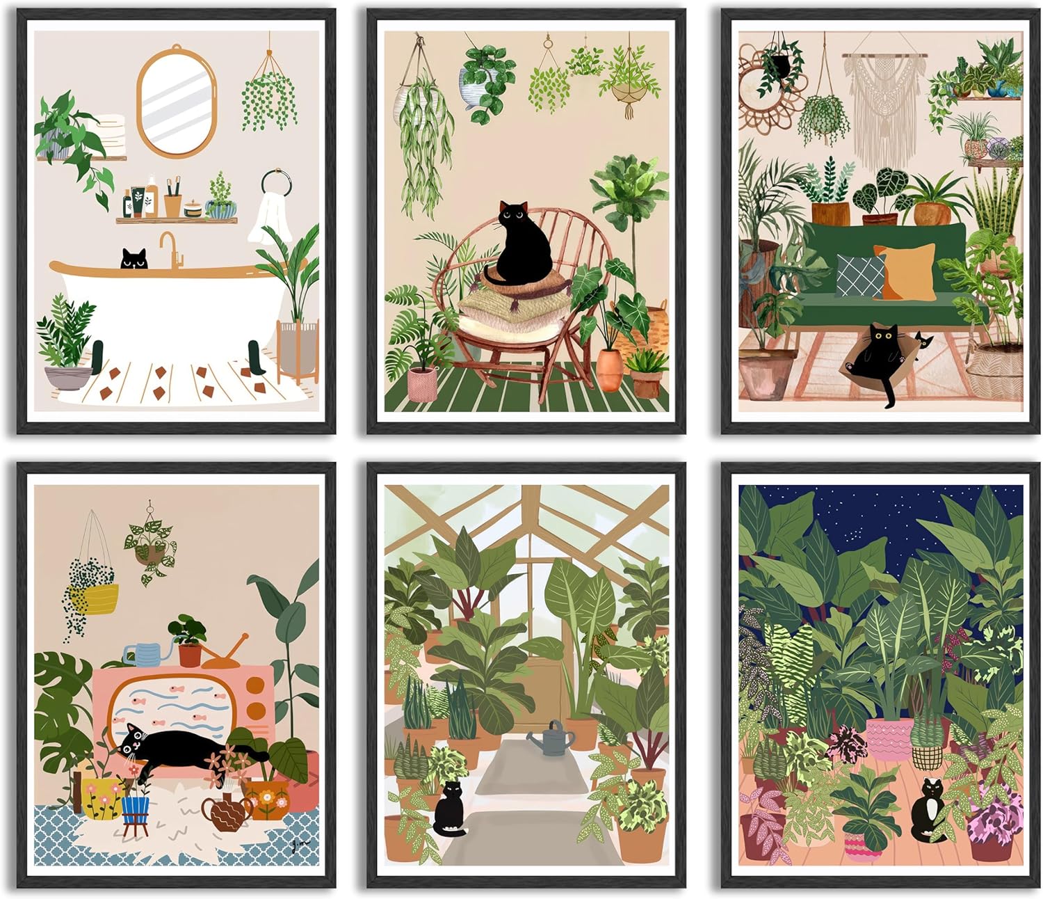 6Pcs Green Plants Black Cat Poster Wall Art Classic Vintage Botanical Cat Posters Retro Decor Abstract Canvas Aesthetic Painting for Living Room Bedroom Bathroom Office Home Decorations Unframed