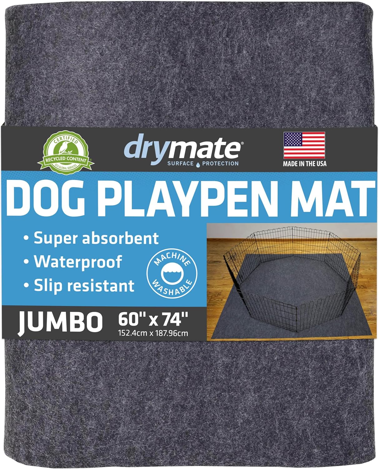 Drymate Dog Playpen Mat, Absorbent, Waterproof, Non-Slip, Machine Washable, Jumbo XXL Size (60x74), Reusable Puppy Pad for Training, Whelping, Housebreaking, Incontinence, and Crate/Kennel (USA Made)