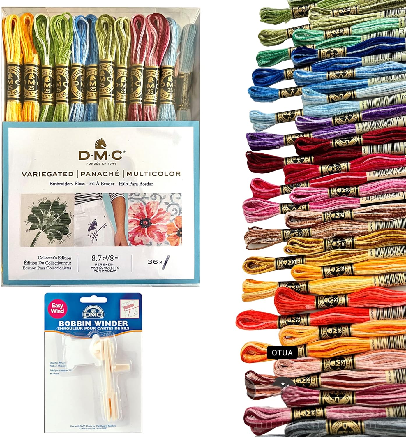 DMC Embroidery Floss,Variegated Embroidery Thread,36 Multicolor Cross Stitch Threads Bundle with Bobbin Winder,DMC Color Variations Hand Embroidery Yarn,Colorful String,Rainbow Cotton Variegated Pack