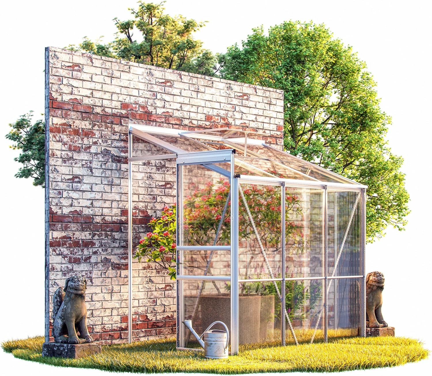 GARDEBRUK® 6x4ft Lean to Greenhouse | 190x122x202cm | Walk-In Aluminium Polycarbonate Plastic Panes | Garden Green House | Roof Vent Sliding Door | Cold Frame Vegetables Herbs Plants