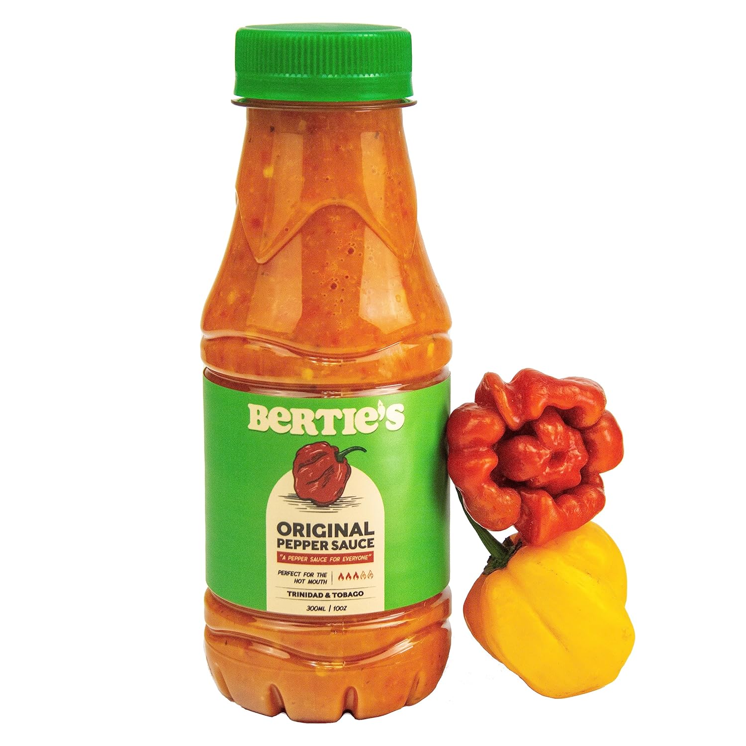 Bertie's Original Pepper Sauce (10 Oz/300ml) | Great Flavour And Heat | Made With Fresh Trinidad Moruga Red And Scotch Bonnet Yellow Peppers | Tastes Like Home Made