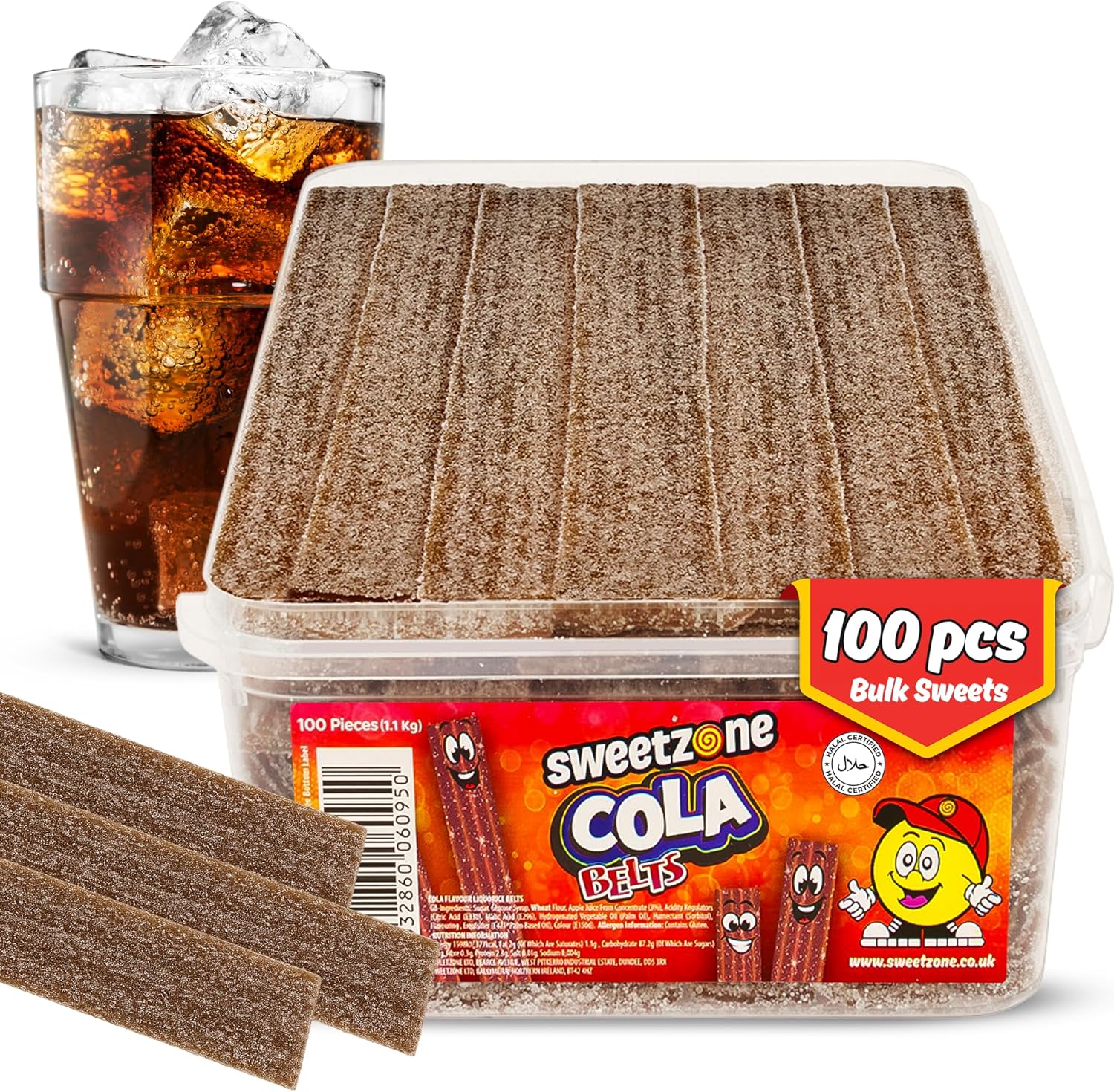Sweetzone Cola Belts Sour Sweets Tub, Fizzy Halal Sweets Candy in Bulk, 1.1kg Tubs of Retro Pick and Mix, 100 Pcs of Colourful Gummy Strips, Chewy Fruity Treats for Everyone