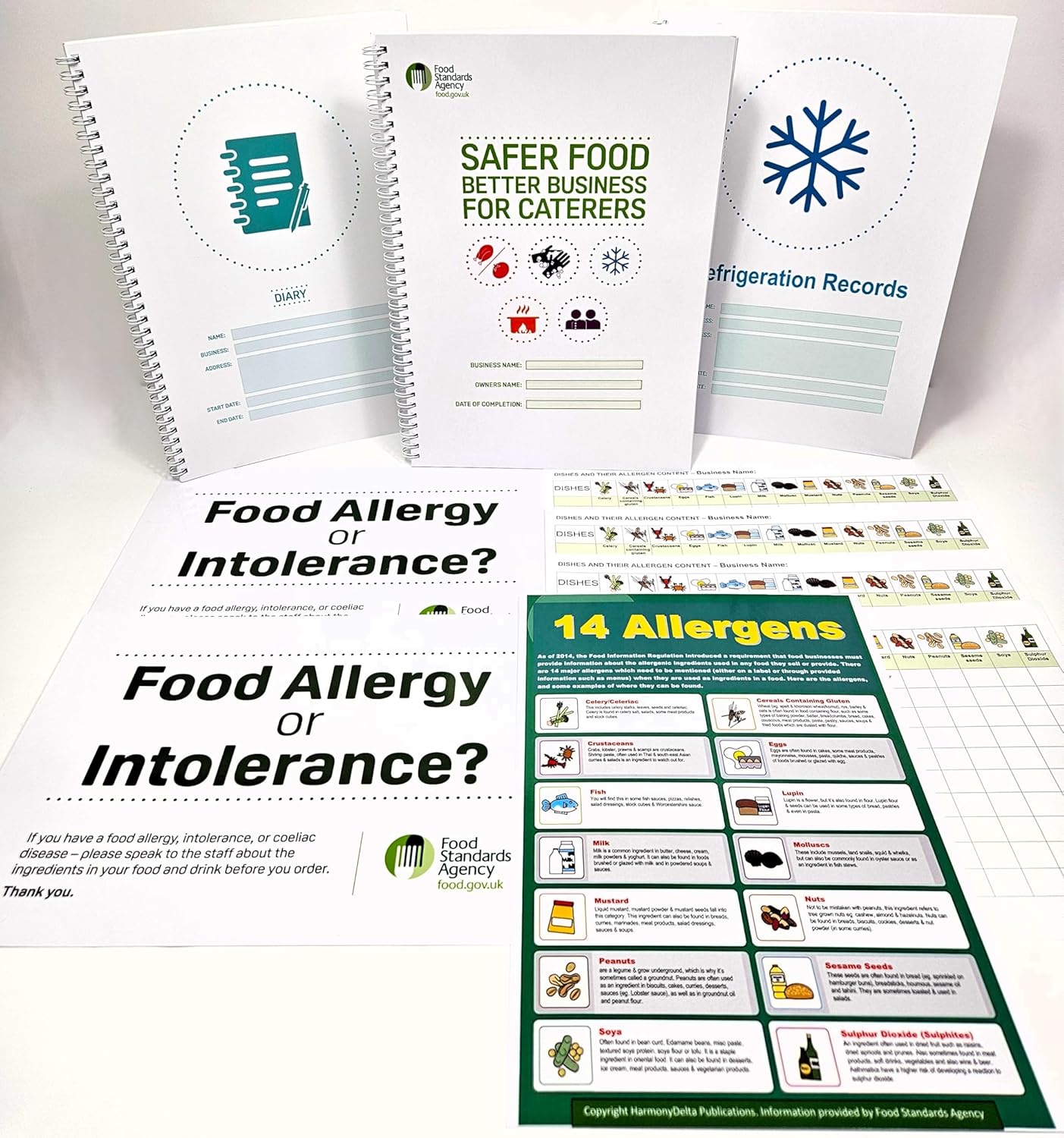 Safer Food Better Business for Caterers Revised Updated 2025 1 x Food Safety Manual & 1 x 13 Month Diary & 1 x Fridge Temperature Records & 3 x Food Allergen Signs & 4 x Food Allergens Charts