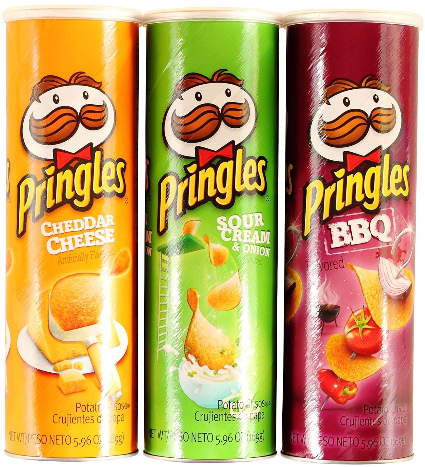Pringles Potato Chips Variety Bundle: (1) Cheddar Cheese 5.96oz, (1) Sour Cream and Onion 5.96oz, (1) BBQ Potato Chips 5.96oz (3 Pack Total)