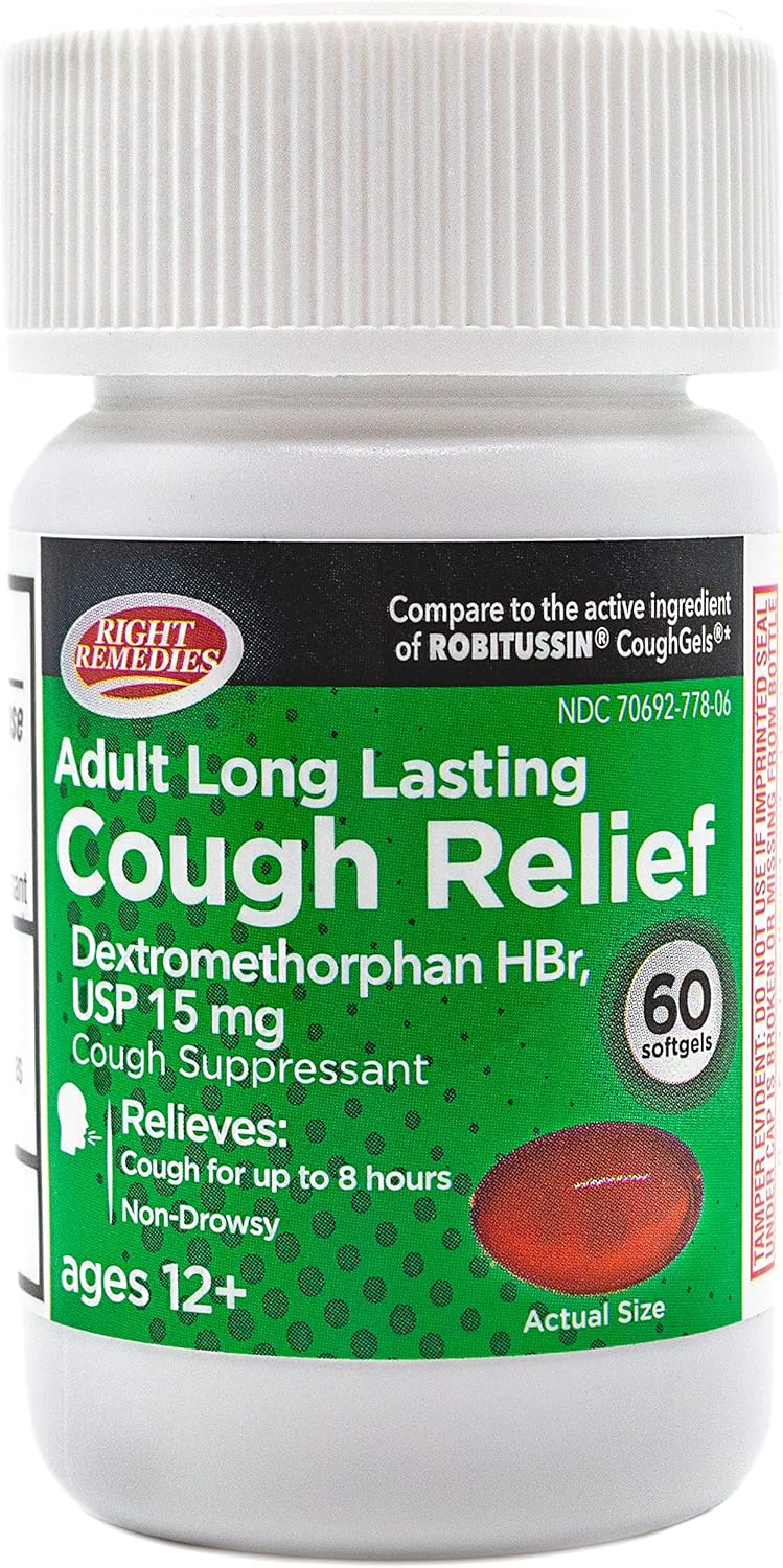 Cough Relief Softgels, Dextromethorphan HBr 15mg, up to 8-Hour Long-Lasting, Non Drowsy Bronchial Suppressant, Generic Coughgels Compare to National Brand (60 Softgels)