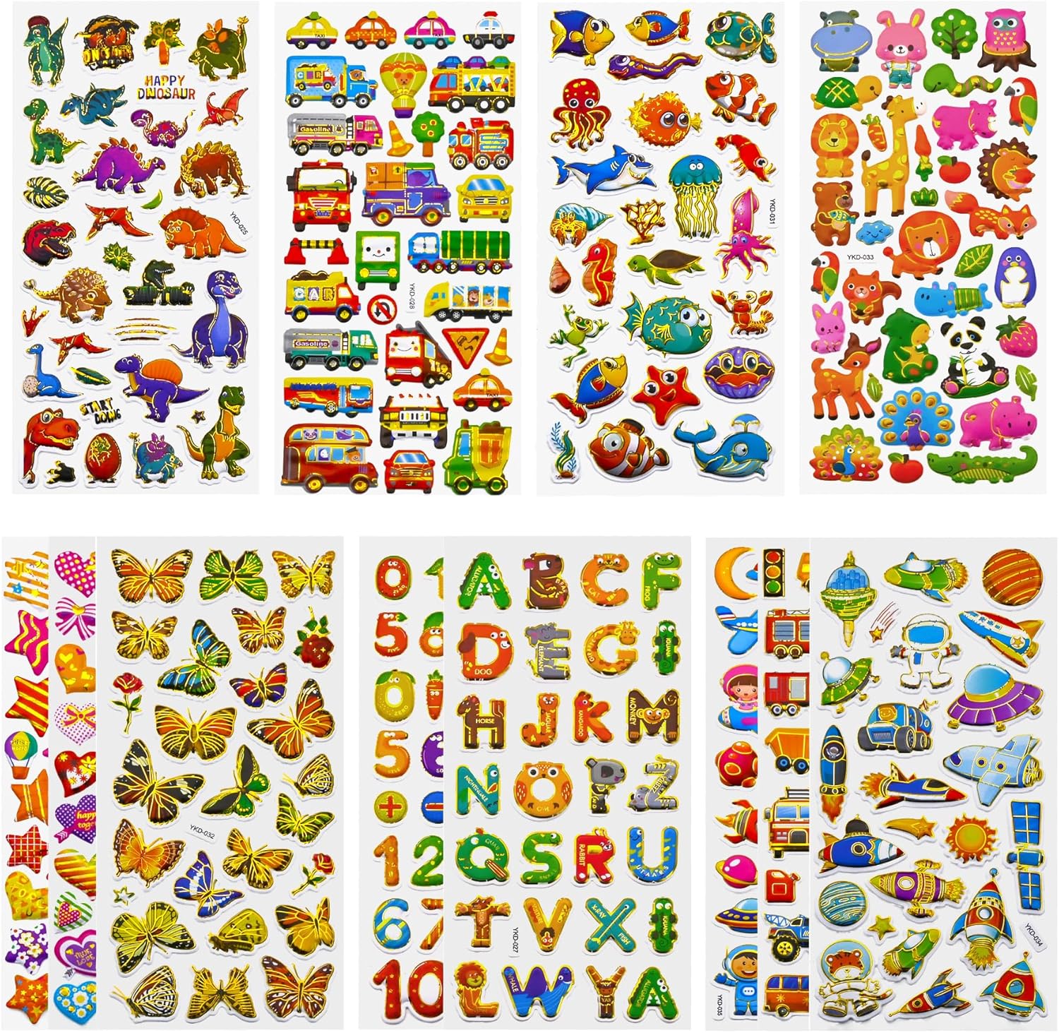 3D Stickers for Kids Toddlers 12 Sheets, 379 Pcs Gold Stamping Puffy Stickers for Boys Girls, Preschool Sticker for Reward, Scrapbooking Including Animal, Letters, Numbers, Dinosaurs, Cars and More