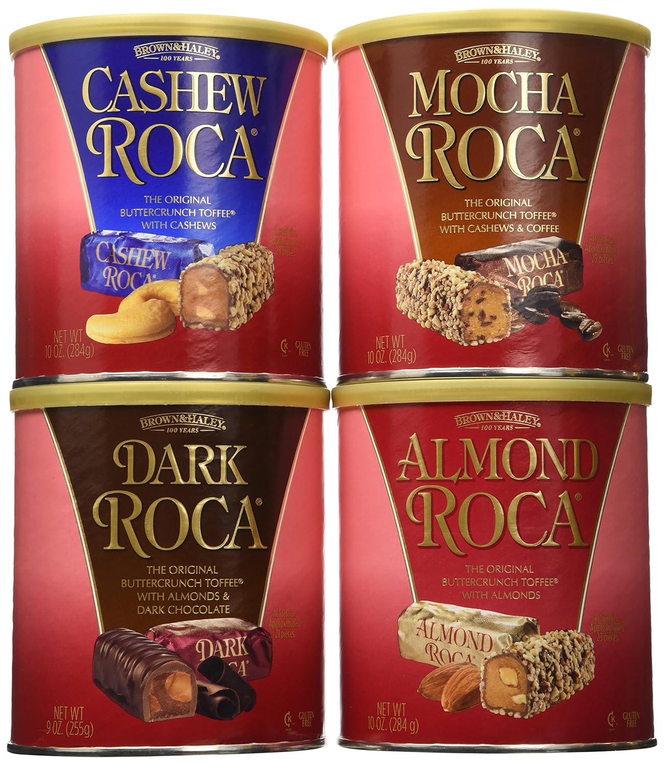 Brown & Haley Variety Pack - Dark Chocolate ROCA, Almond ROCA, Cashew ROCA and Mocha ROCA - Individually Wrapped Chocolate for Sharing or Gifting - Gift Bag Included - 10oz Canister, 4 Pack