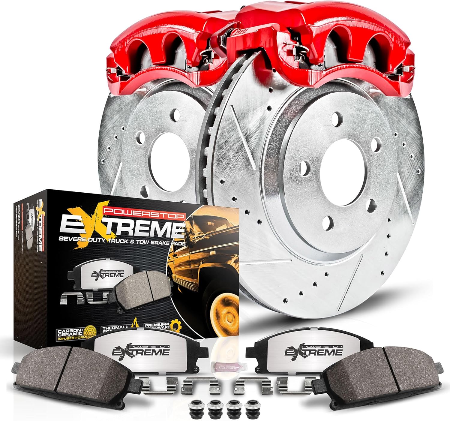 Power Stop Front KC2152-36 Z36 Truck & Tow Brake Pads and Drilled and Slotted Brake Rotors with Red Powder Coated Calipers Brake Kit For Jeep Cherokee Wrangler XJ