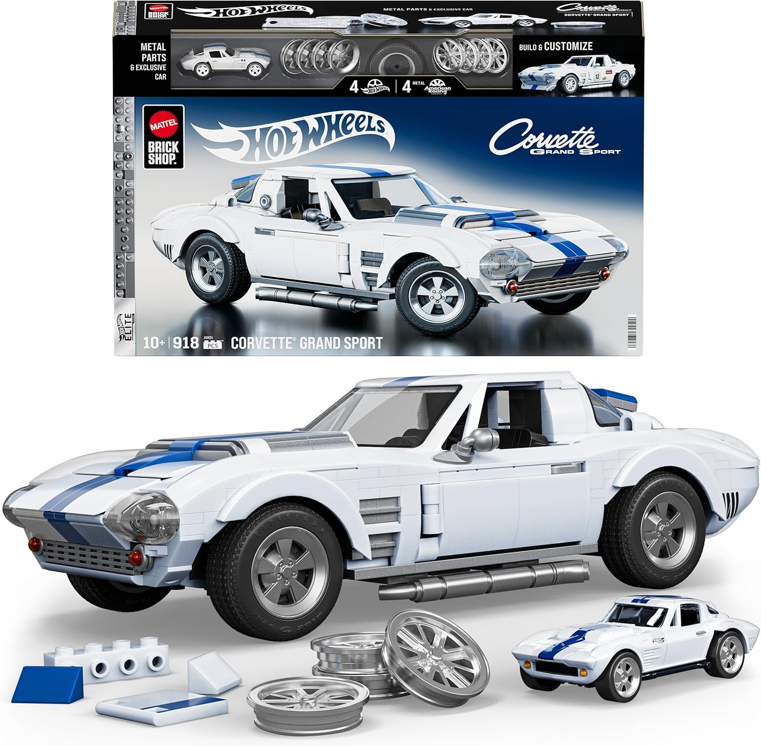 Hot Wheels Elite Series Building Set, Corvette Grand Sport with 918 Pieces, Realistic Details and Custom Decals, Adult Collectors and Kids Ages 10+