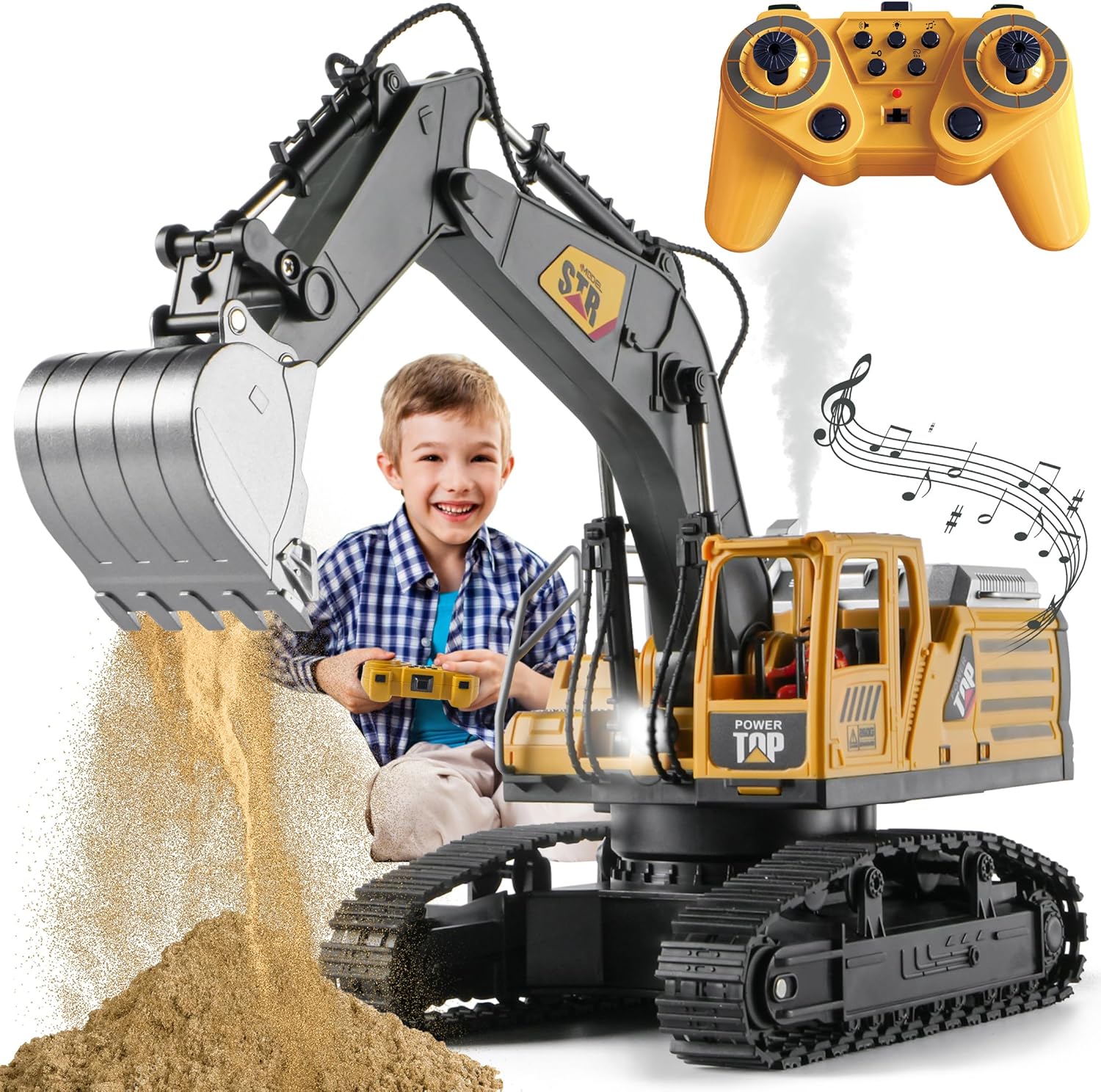METHROP Remote Control Digger Toys 14 Channel Remote Control Excavator Construction Toys Tractor,Simulated smoke, sound, lighting, metal digging head,RC Truck Toys for Boys 6 7 8 9 10 11 12