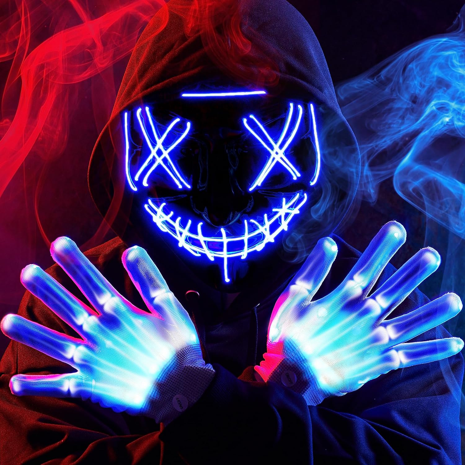 JOYIN Halloween Led Mask Light Up Scary Mask and Gloves for Cosplay Costume (Blue), 3 Modes Glow in The Dark Mask for Boys Girls