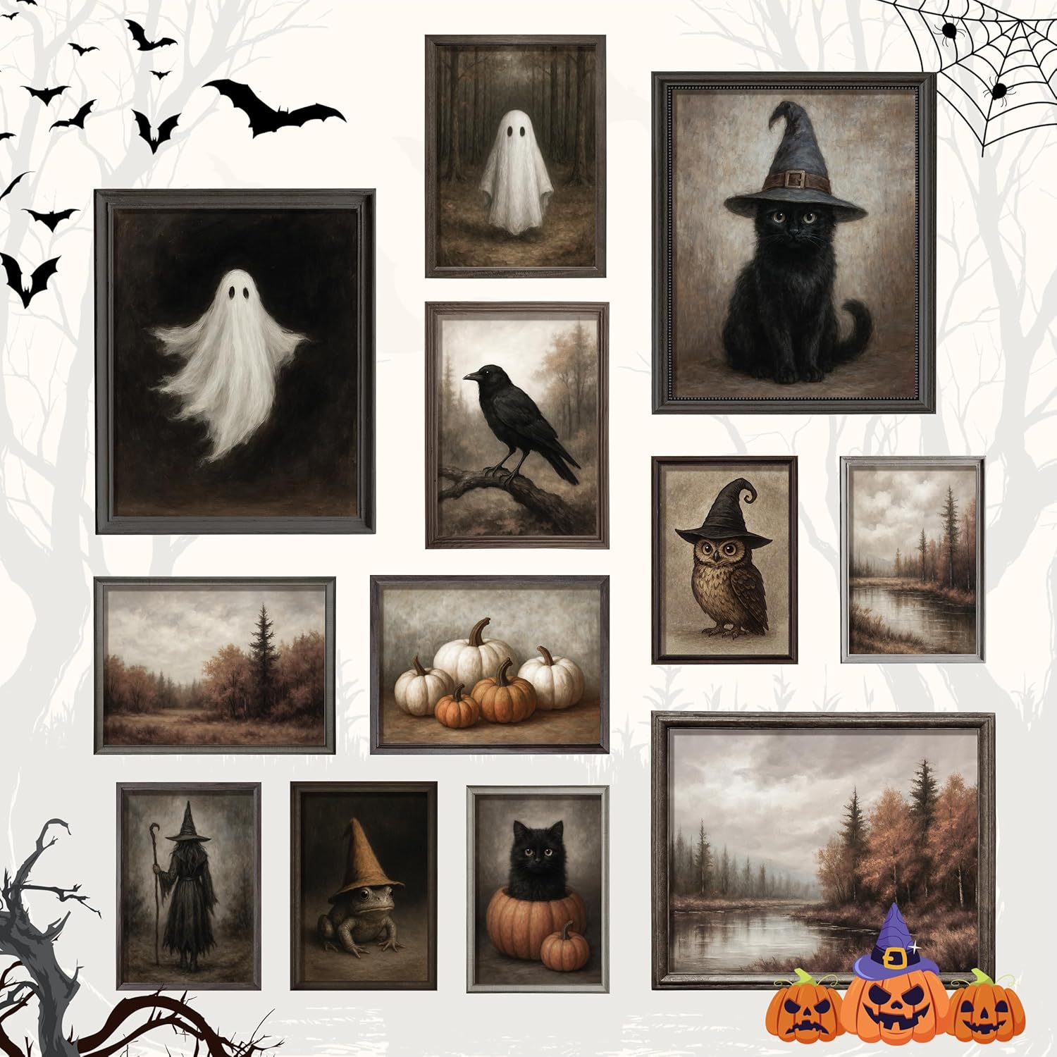 97 Decor Vintage Halloween Wall Art Prints - Ghost Pictures Wall Decor For Bedroom, Witchy Posters For Room Aesthetic, Dark Gothic Art Black Cat Painting, Fall Halloween Decorations Indoor (UNFRAMED)