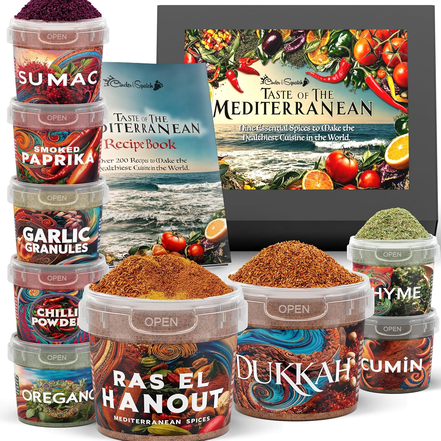 Mediterranean Spices Gift Set by Cinder & Squatch - Taste Of The Mediterranean | 9 Herbs & Spice Kit with Mediterranean Diet Recipe Book | Food Gifts with Cookbook inc 200+ Healthy Recipes