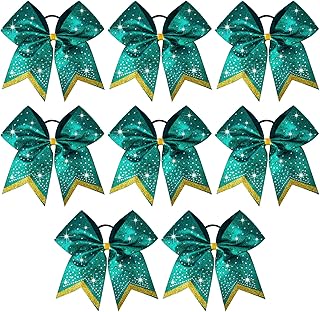 8 PCS Large Glitter Cheer Bows 8" Rhinestones Hair Bows Sparkly Cheerleading Softball Team Bow Hair Ponytail Holder Accessories for cheerleaders football Competition Sports- Green