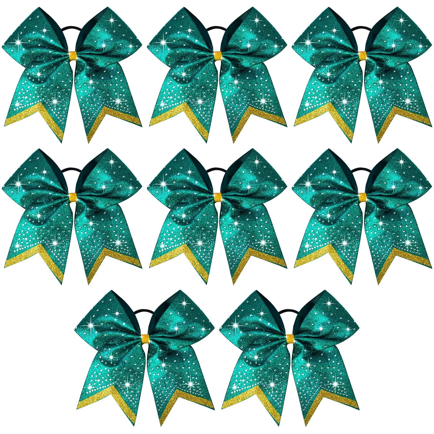8 PCS Large Glitter Cheer Bows 8" Rhinestones Hair Bows Sparkly Cheerleading Softball Team Bow Hair Ponytail Holder Accessories for cheerleaders football Competition Sports- Green