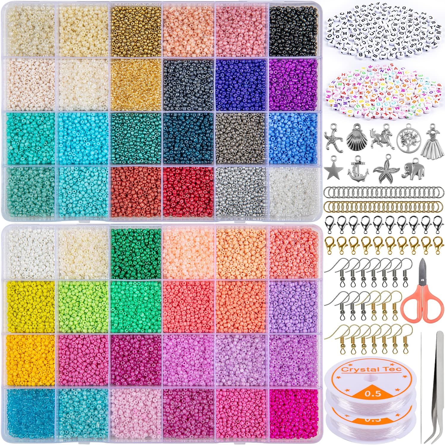 HONGTEYA 35000 Pcs Glass Seed Beads, 48 Colors Seed Beads for Jewelry Making Kit with Letter Bead 0.5mm Elastic String, for DIY Bracelets Necklaces Jewellery Making Kit (2mm)