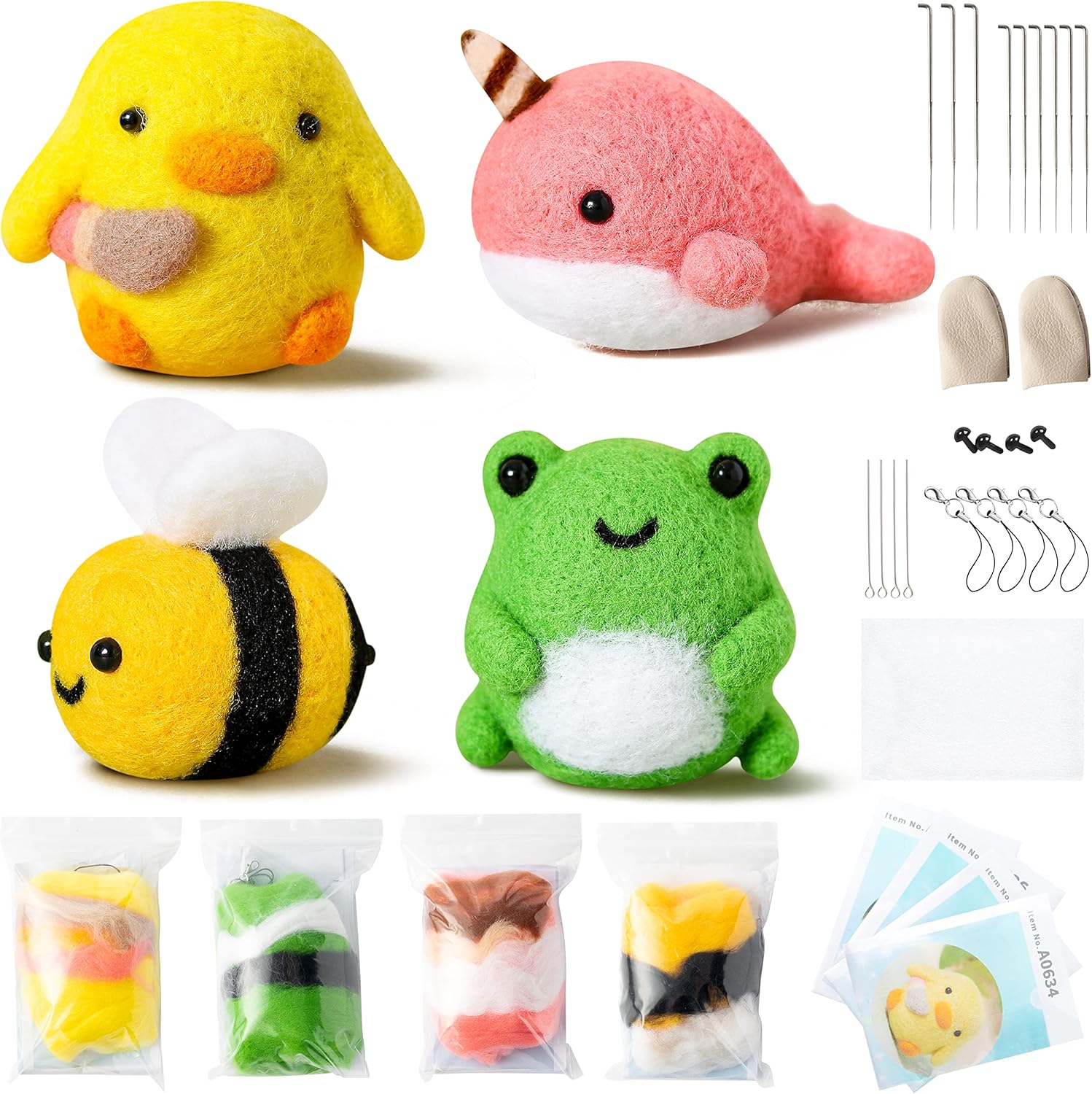 WATINC Set of 4 Cute Animal Needle Felting Starter Kit Frog Chick Bee Narwhal Animal Doll Wool Felting Tools Felt Needles Foam Mat DIY Needlework Craft Party Supplies for Beginners Adults Kids