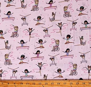TIMELESS TREASURES Cotton Gymnasts Training Gymnastics Girls Pink Cotton Fabric Print by The Yard (KIDZ-CD2508-PINK), 44 Inches