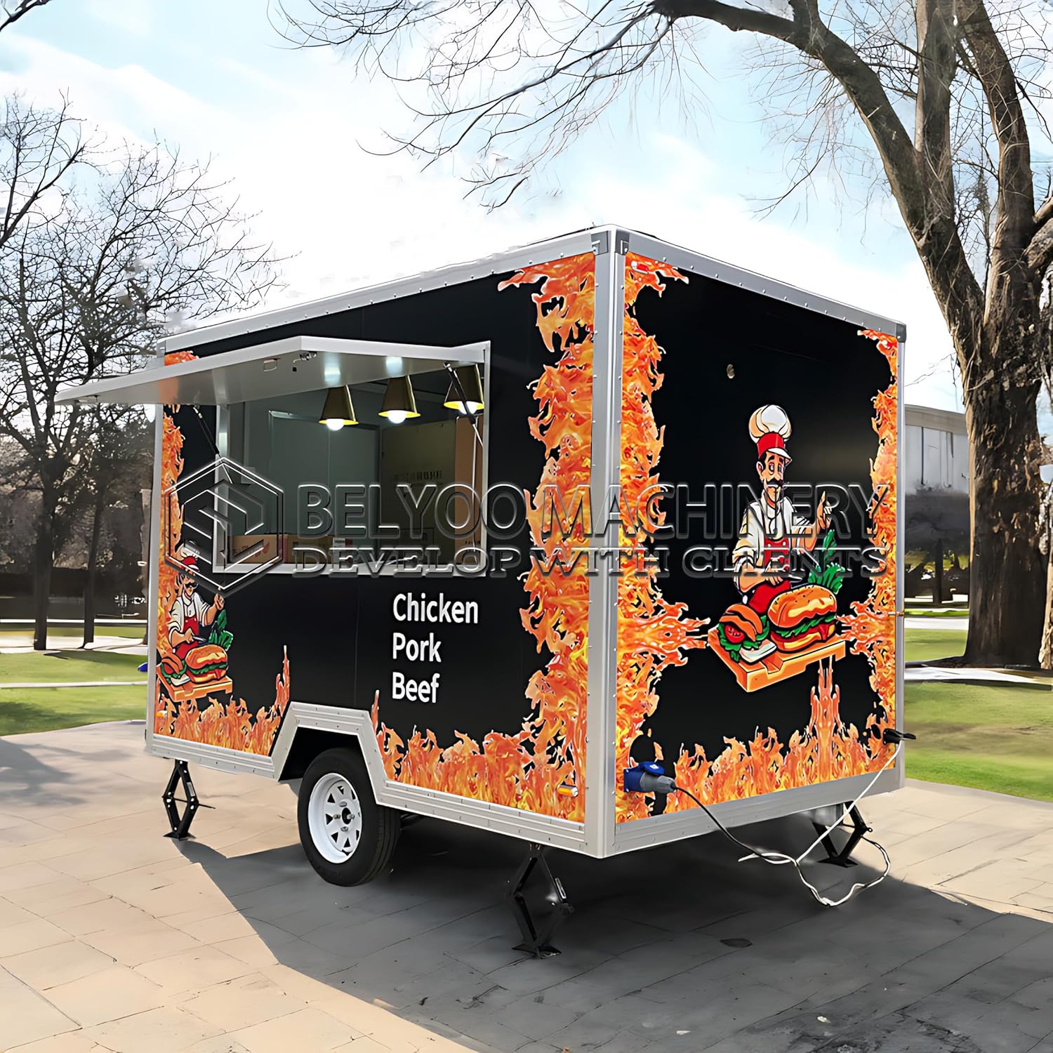 BELYOO 10FT Food Trailer DDP Food Trailer Truck with Full Kitchen Equipment Concession Food Truck for Sale Hot Dog Cart with Hood and Grill Mobile Food Cart