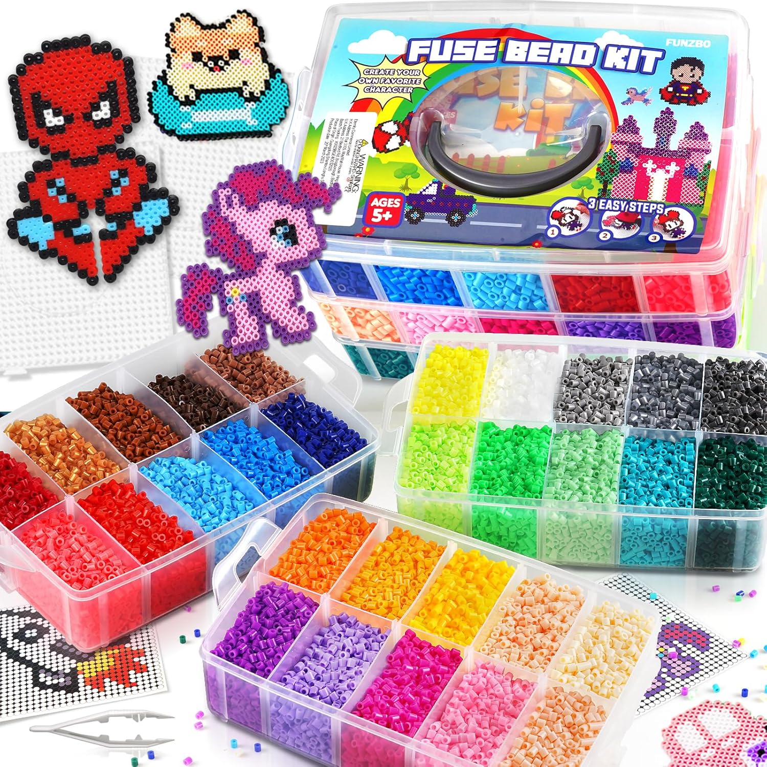 FUNZBO 32000 5mm Fuse Beads Kit - 32 Colors, Christmas Homeschool Arts and Crafts Supplies for Kids, Toys Set, Art Decorations for Room, Christmas Gifts for Girls and Boys Age 5+