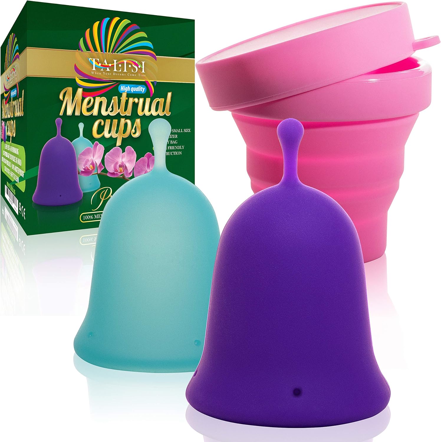 Talisi Menstrual Cups Set of 2 with Collapsible Silicone Sterilizer - Super Soft Reusable Period Kit - for Regular Heavy Flow (Small & Large) - Best Tampon and Pad Alternative, Feminine Hygiene Copa