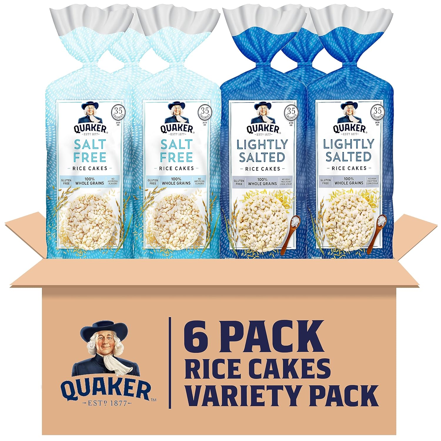 Quaker Large Rice Cakes, Gluten Free, Lightly Salted + Salt Free Variety Pack, 4.47 Ounce (Pack of 6)