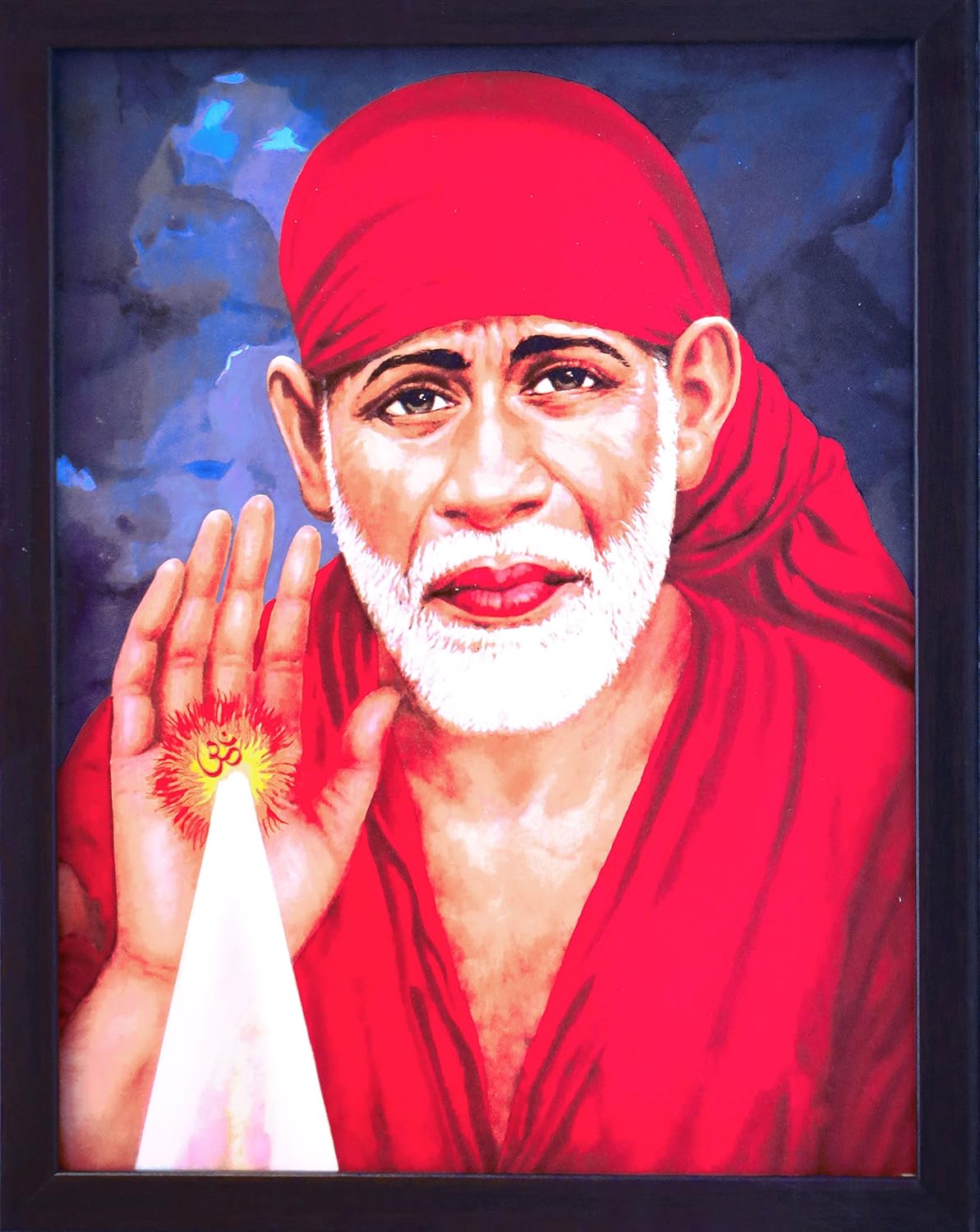SANVIKA 12" x 9" Sai Baba Poster Frame Wall Decor for Living Room, Hindu Decor for Home Office, Pooja Room (Giving Blessings in Red Clothes)
