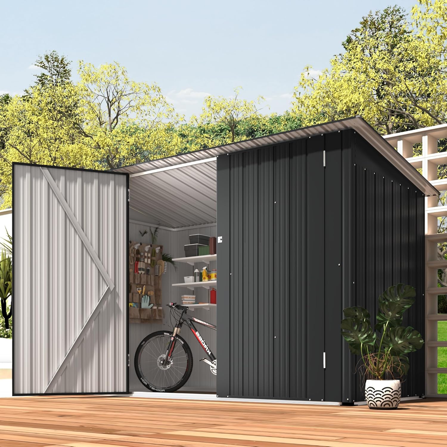 U-MAX 2.1x0.9m Garden Shed Storage,Metal Lockable Outdoor Bike Shed with Door for 2-3 Bikes,Waterproof Galvanized Steel Tool Storage Shed for Garden Tools Base Size (D96x W203x H141cm)