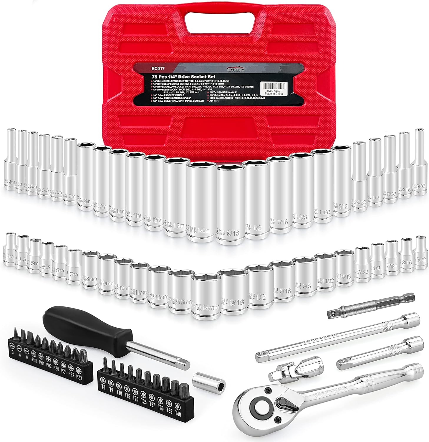 75pcs 1/4" Drive Impact Socket Set, Master Socket Set,Wrench Set with 1/4" Bit Adapter, Universal Joint, Ratchet, 1/4 "Drive Bit Set Extension (5/32" - 9/16 ", 4-14mm)
