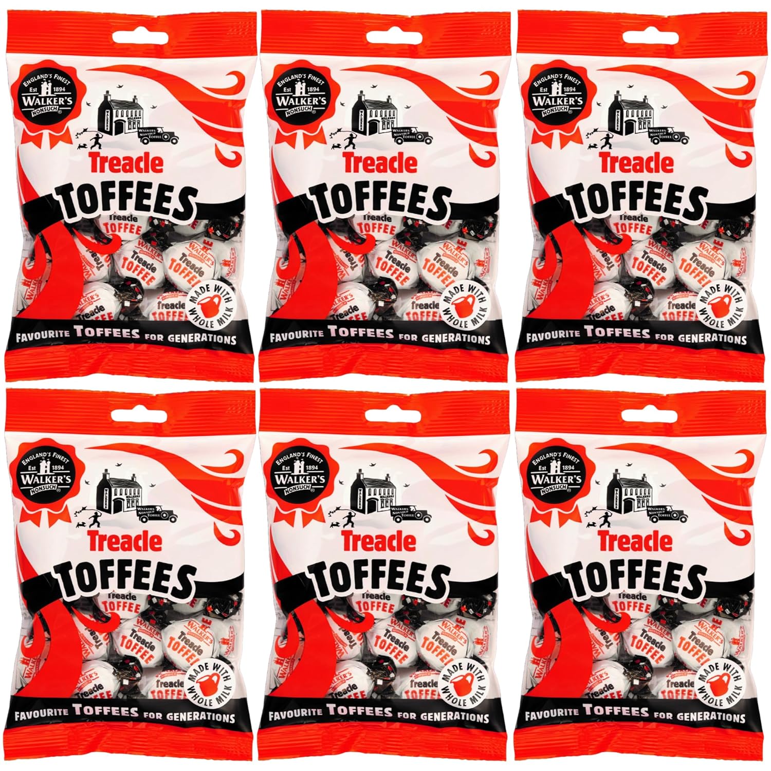Walkers Nonsuch Treacle Toffees Bag 5.29 oz (Pack of 6) - Chewy Black Treacle English Toffee Candy, Traditional English Sweets, Gluten Free British Butter Candy, Imported from UK