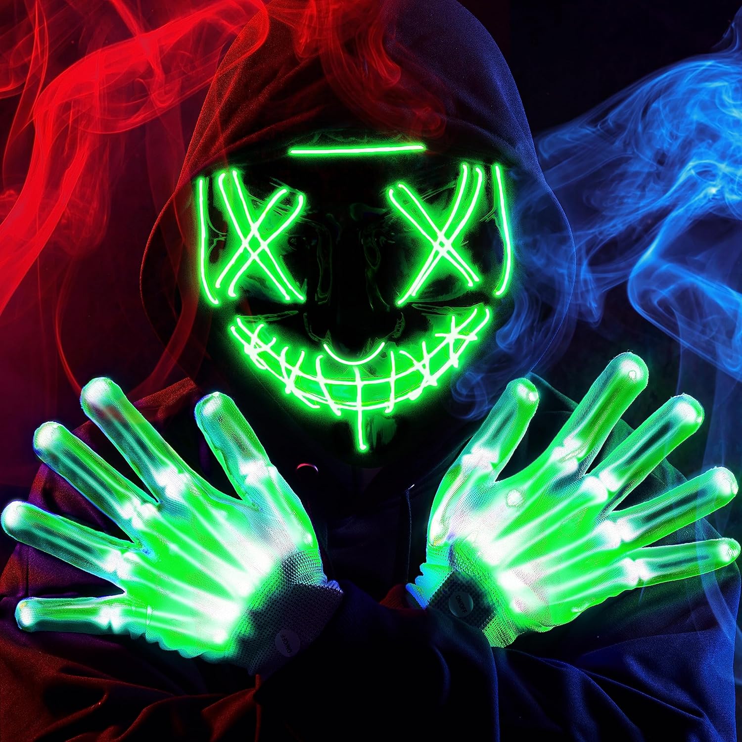 JOYIN Halloween Led Mask Light Up Scary Mask and Gloves for Cosplay Costume (Green), 3 Modes Glow in The Dark Mask for Boys Girls