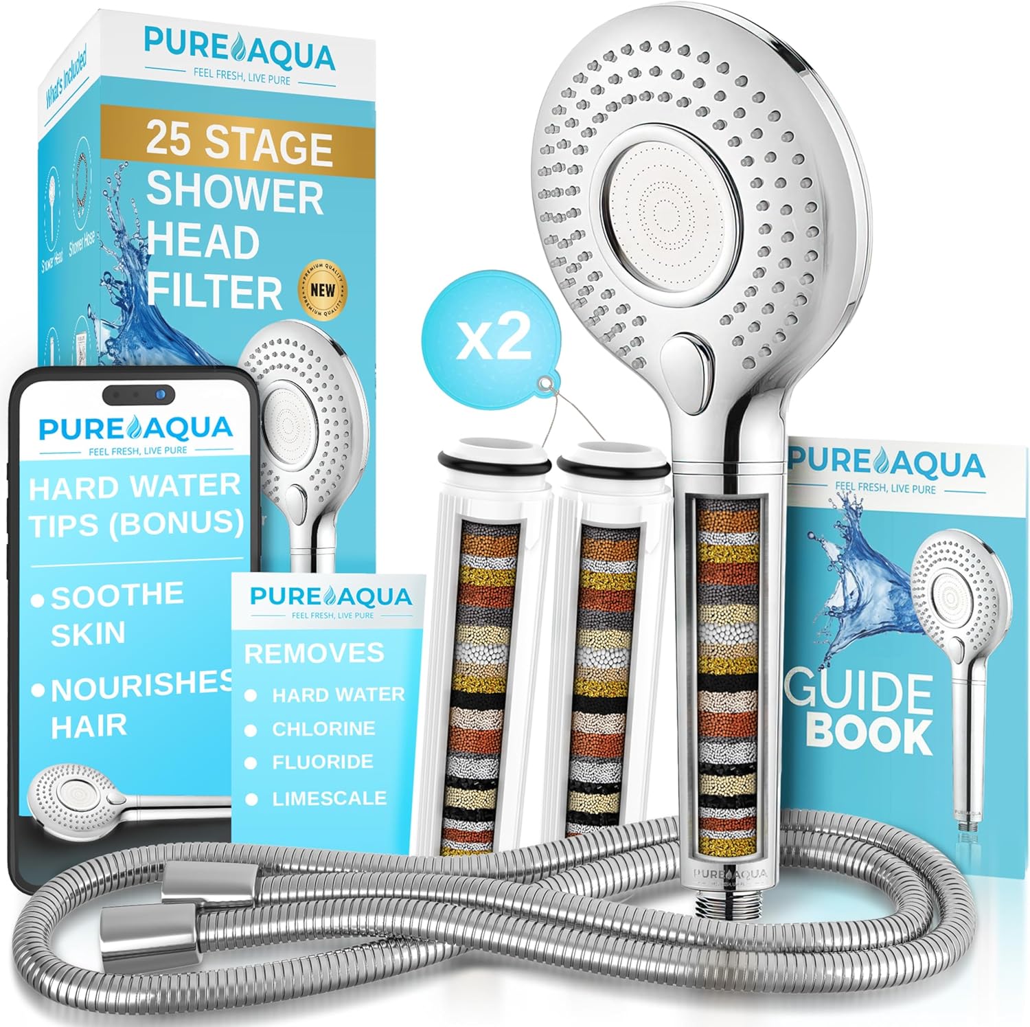 PUREAQUA 25 Stage Shower Head Filter | X2 Filters | High Pressure Shower Heads | Shower Filter Hard Water UK Brand | 3 Spray Settings | Showerhead Filters | Water Softener Shower Head | Skin & Hair