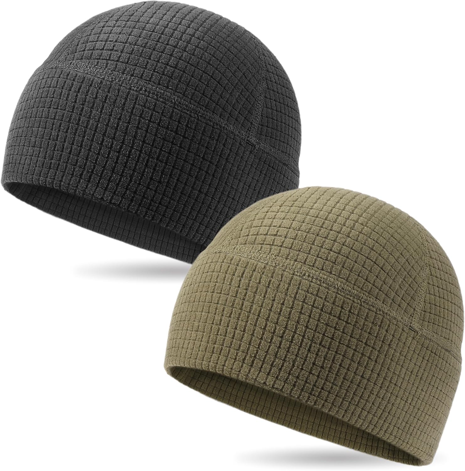 2 Pack Grid Fleece Beanie Watch Cap Waffle Tactical Beanie Multi-Season Army Military Fleece Hat, All Weather Gear