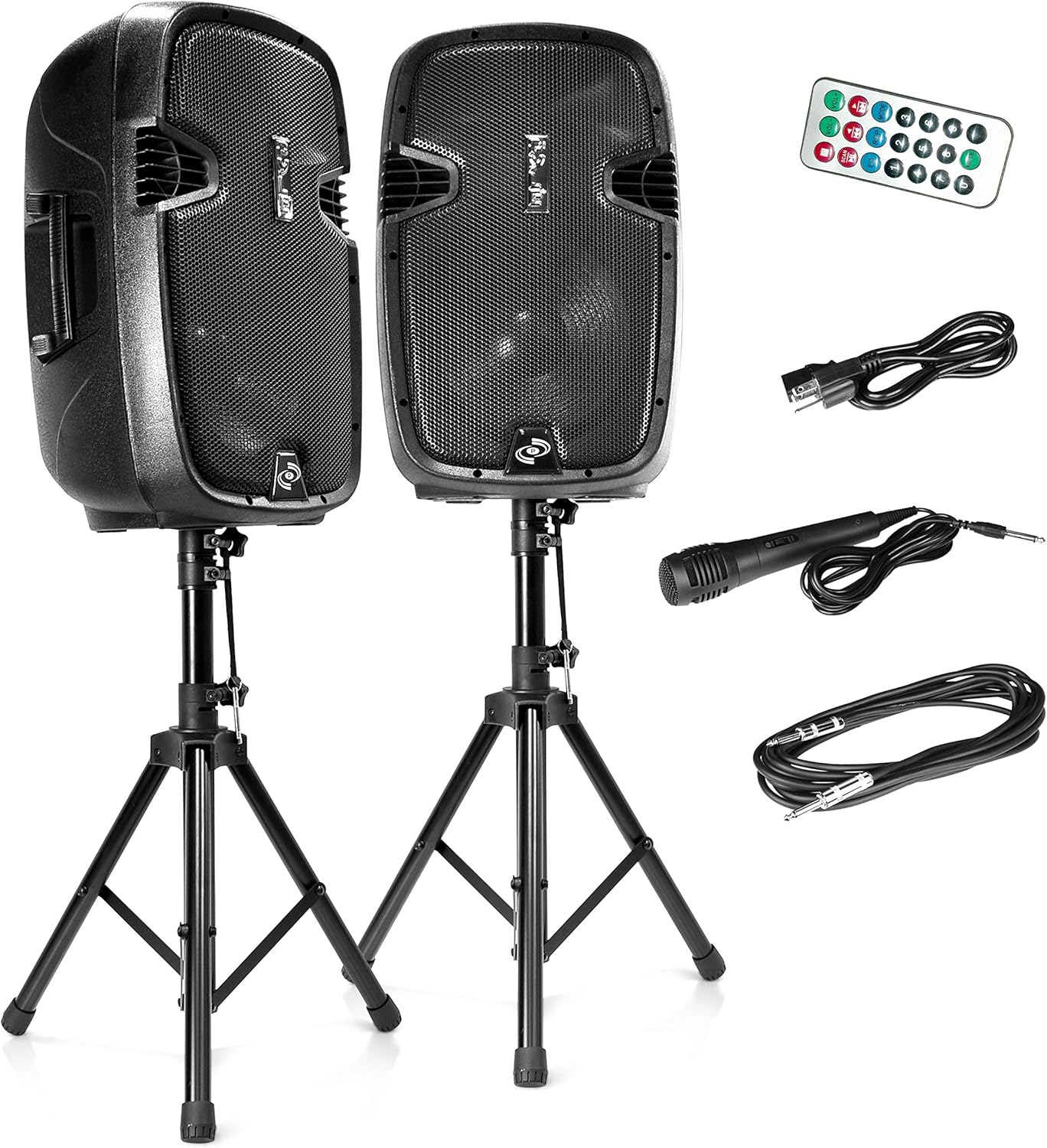 Pyle Wireless Portable PA System - 1800W High Powered Bluetooth Compatible Active + Passive Pair Outdoor Sound Speakers w/ USB SD MP3 AUX - 35mm Mount, 2 Stand, Microphone, Remote - Pyle PPHP1249KT
