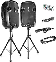 Pyle Wireless Portable PA System - 1800W High Powered Bluetooth Compatible Active + Passive Pair Outdoor Sound Speakers w/ USB SD MP3 AUX - 35mm Mount, 2 Stand, Microphone, Remote - Pyle PPHP1249KT