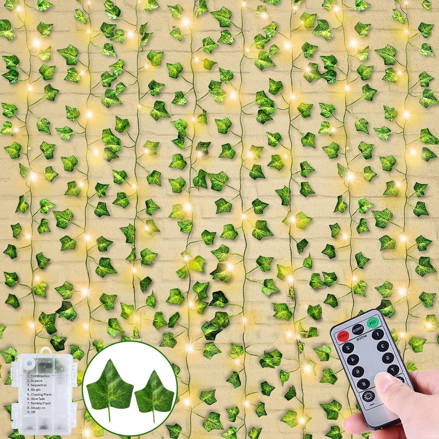 Fake Vines 24 Pack 168Ft Hanging Vines with 200 Lights Timer Large&Small Green Leaves Faux Plants Greenery Garland String Light 8 Mode Artificial Ivy for Bedroom Wall Room Home Decor Each 33FT 100LED