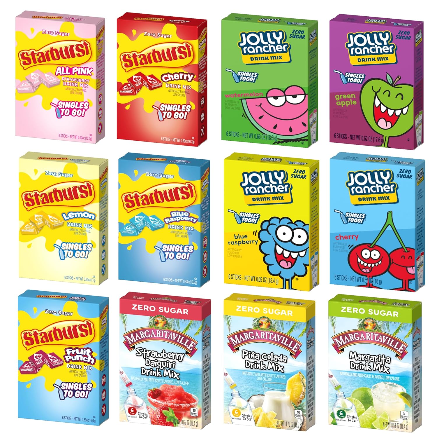 SINGLES TO GO! Drink Mix Variety Pack of 12-3 Margaritaville Flavors, 5 Starburst Flavors and 4 Jolly Flavors - On the go Convenience - Powdered Drink Mix