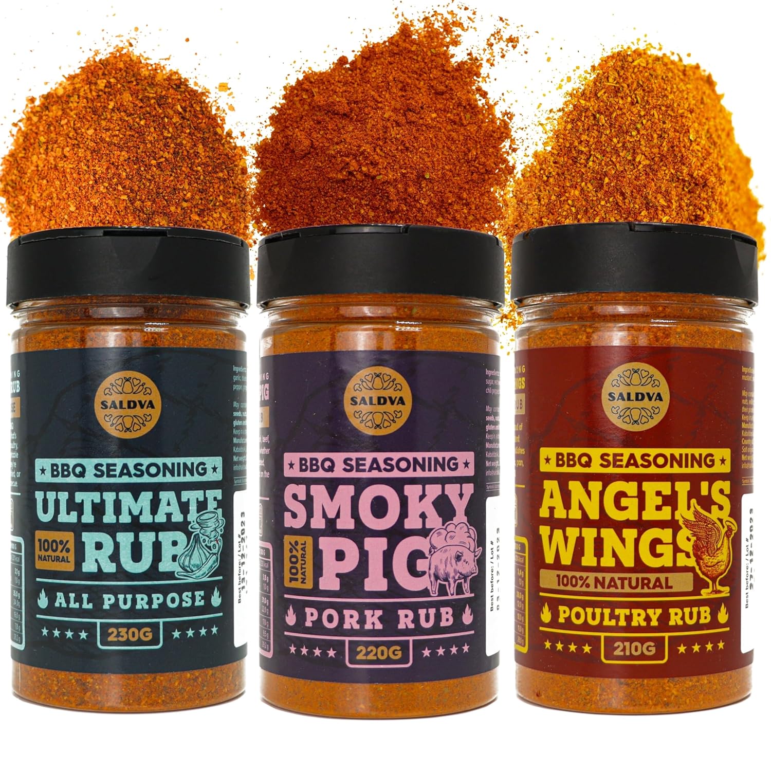 Classic Selection of 3 Premium BBQ Rubs - Angel's Wings + Smoky Pig + Ultimate Rub - 100% Natural, Large Jars