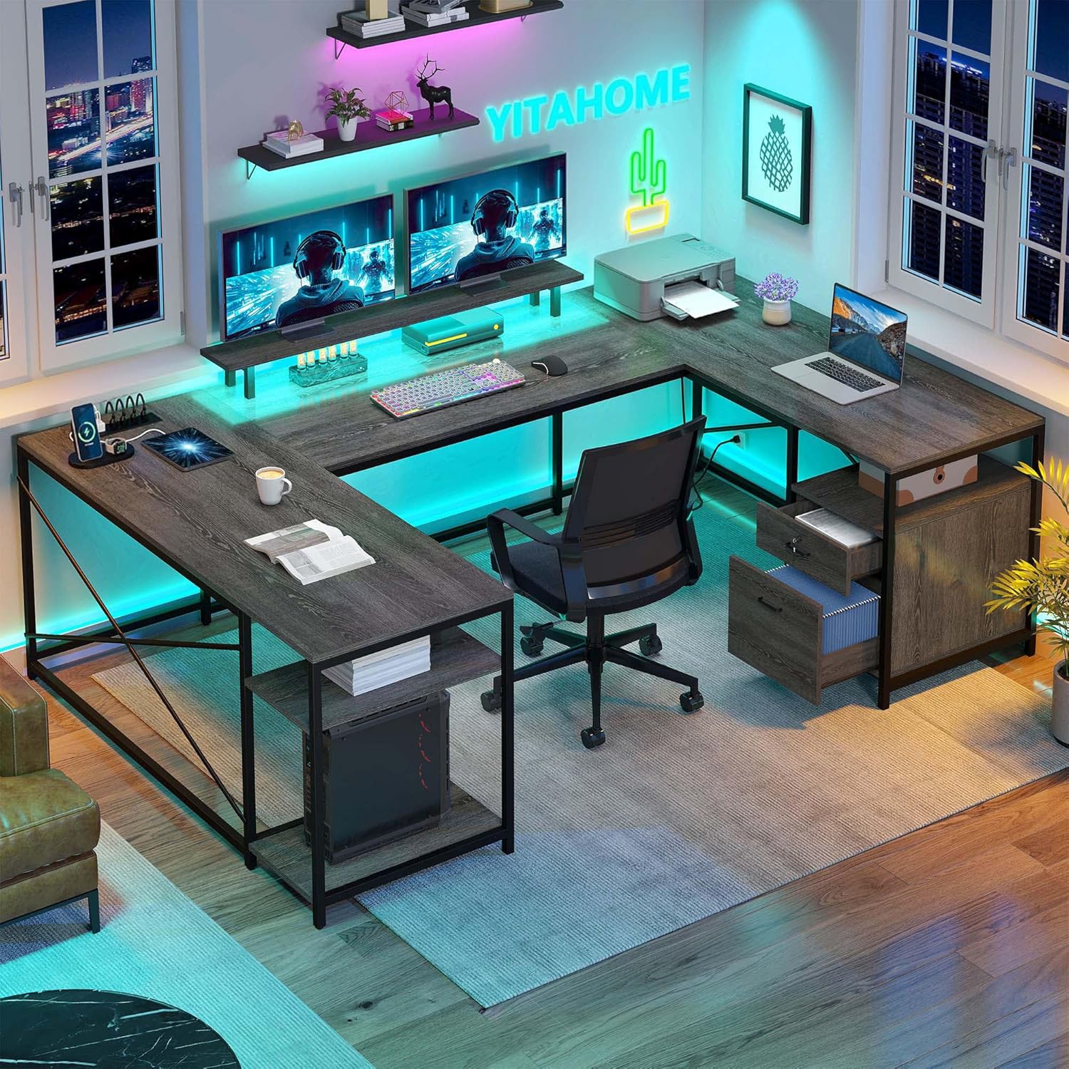 YITAHOME U Shaped Desk with Power Outlets & LED Lights, 79" Reversible L Shaped Desk with Drawers, Corner Computer Desk Office Desk with Monitor Stand & Storage Shelves, Grey